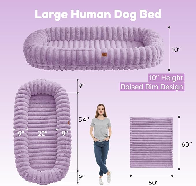 Human Dog Bed for Adult - Luxury Striped Faux Fur Giant Dog Bed with Portable Handle Egg Orthopedic Foam Pad with Thick Blanket 72x40x10 Purple