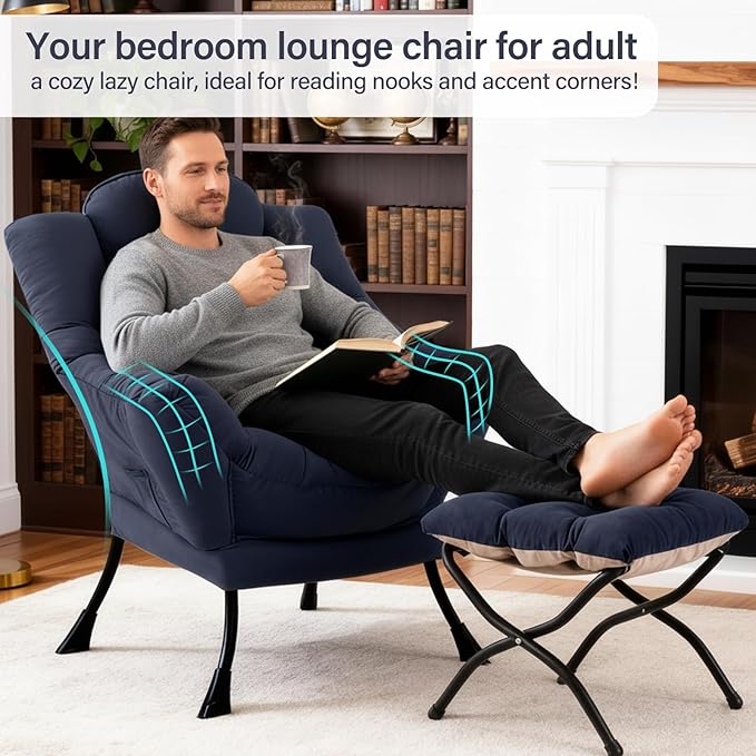 Lazy Chair with Ottoman Modern Accent Chair with Lumbar Pillow Navy Blue Sofa Armchairs with Folding Footrest Oversized Supportive Chairs for Bedroom Reading