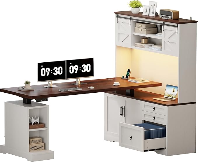 Farmhouse L Shaped Desk with Electric Height Adjustable 70.86 LED Gaming Desk w/Power Outlet Home Office Desk w/Storage Cabinet &amp Sliding Door Executive Desk w/File Drawer White &amp Brown