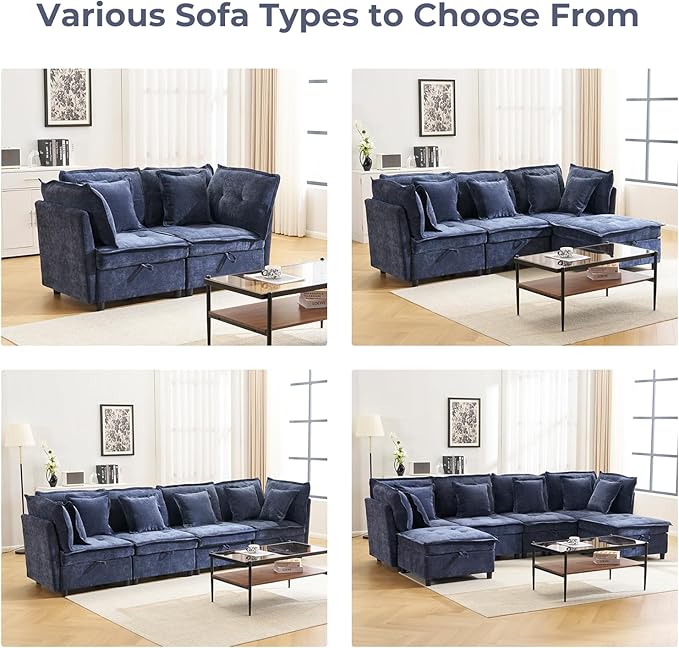 103 Modular Sectional Sofa L-Shaped Corduroy Comfy Sectional Couches for Living Room 3-Seater Cloud Couches with 1 Ottoman Modern Deep Seat Sofa with Large Storage Blue