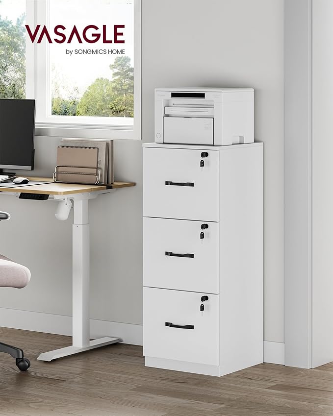 VASAGLE 3-Drawer Vertical File Cabinet Filing Cabinet for Home Office Printer Stand with 3 Lockable Drawers Adjustable Hanging Rail for A4 and Letter-Size Files Cloud White UOFC055W14