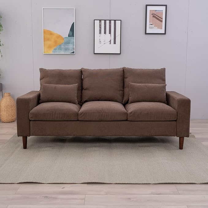 Panana 3 Seat Designer Sofa Couch Linen Fabric Wood Legs Brown