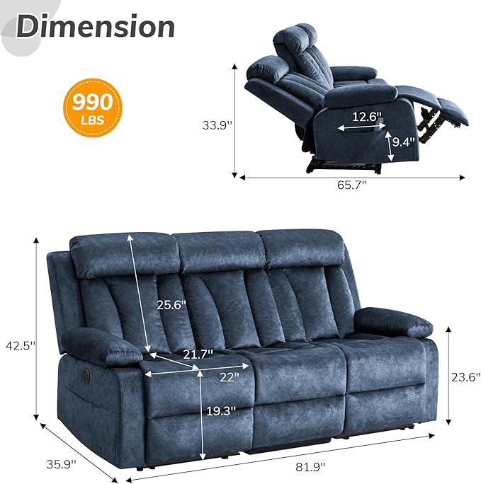 Power Recliner Sofa with Drop Down Table Heat &amp Massage Reclining Sofa Couch with Cup Holders USB &amp Type-C Ports Recliner Couch for Living Room RV Office Apartment