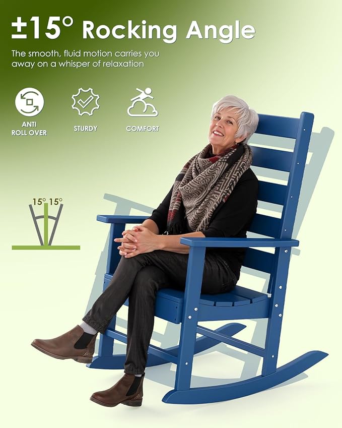 GREENVINES Outdoor-Rocking-Chair | HDPE Plastic | Patio Rockers | Porch Rocker Chairs | Shaker | Oversized | High Ladder Back | Big &amp Tall | PentaLuxe | Blue