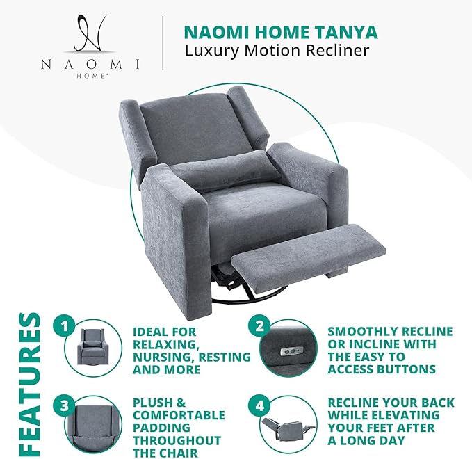 Naomi Home Tanya Luxury Motion Recliner Chair Light Gray – Plush Upholstered Glider Rocker with USB Charging Swivel and Lumbar Support for Nursery Comfort 275 lbs Capacity