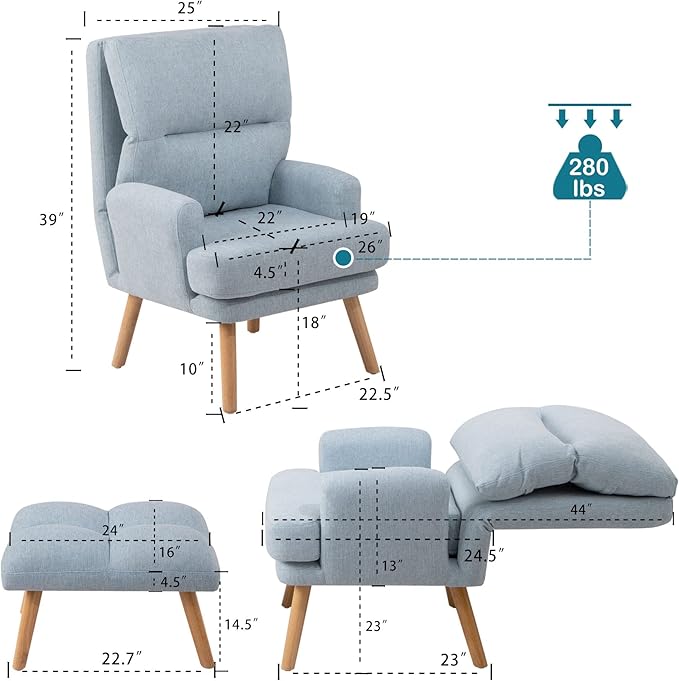 Accent Chair with Ottoman SetFabric Armchair with Wood Legs and Adjustable High Backrest Mid Century Modern Upholstered Lounge Chair for Living RoomBedroomReading Room and Study (Blue)