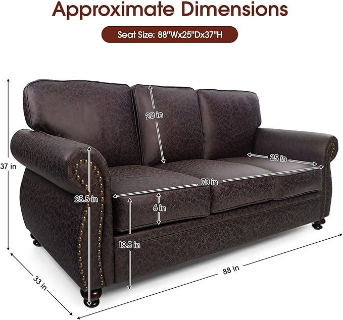 Mid-Century Vintage Sofa Couches with Rivet Design3-Seater SofaRemovable Sofa Cover Upholstered Cushions and Solid Wood Frame (Brown 3-Seater)