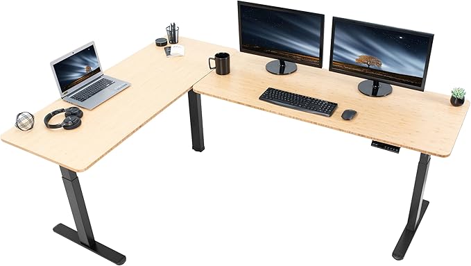 VIVO Electric Height Adjustable 83 x 60 inch Corner Stand Up Desk 2 Solid Bamboo Table Tops Black Frame Memory Controller L-Shaped Workstation 3E Series DESK-KIT-3E8BO