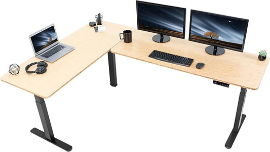 VIVO Electric Height Adjustable 83 x 60 inch Corner Stand Up Desk 2 Solid Bamboo Table Tops Black Frame Memory Controller L-Shaped Workstation 3E Series DESK-KIT-3E8BO