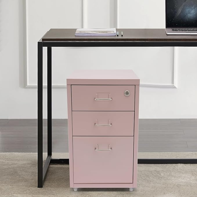 3 Shelf Metal File Cabinet Vertical File Cabinet Pink File Cabinet Freestanding File Storage Cabinet with Wheels for Office Study Bedroom