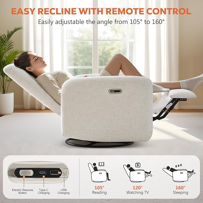 Power Recliner Chair Swivel Rocker Recliner w/USB &amp Type-C Charging Ports Chenille Upholstered Swivel Rocker Glider Recliner for NurseryLiving Room Bedroom 1PC Cream