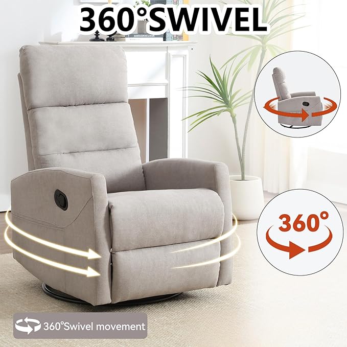 Slim Lazy Boy Recliners for for Adults Swivel Rocking Chair Recliner with High Back Small Recliner Chair for Small Spaces Manual Reclining Chair for Living Room Adjustable Footrest (Khaki)