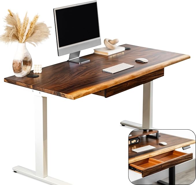 Standing Desk with Drawer – Walnut Solid Wood Desk Natural Live Edge Adjustable Height Dual Motor Sit Stand for Home Office (White W48 x D27)