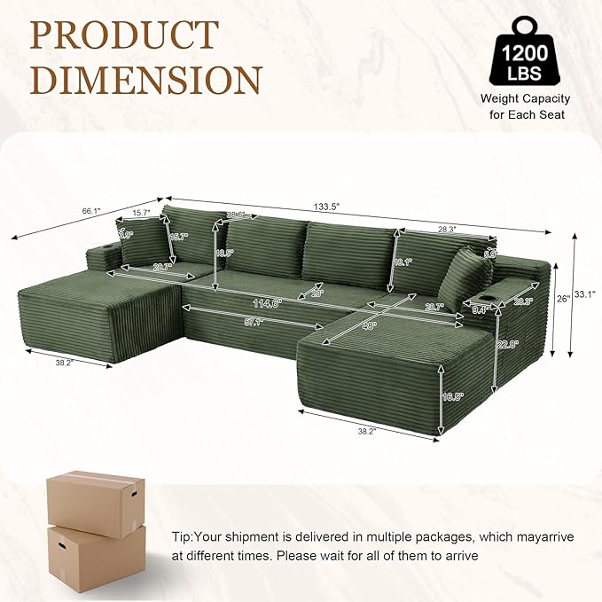 134 Inch Modular Sectional Sleeper Sofa Boneless Cloud Couch for Living Room U Shaped 5 Seat Sofa with 2 Storage Pockets&amp 2 Cup Holders Free Combination No Assembly Required (Green)