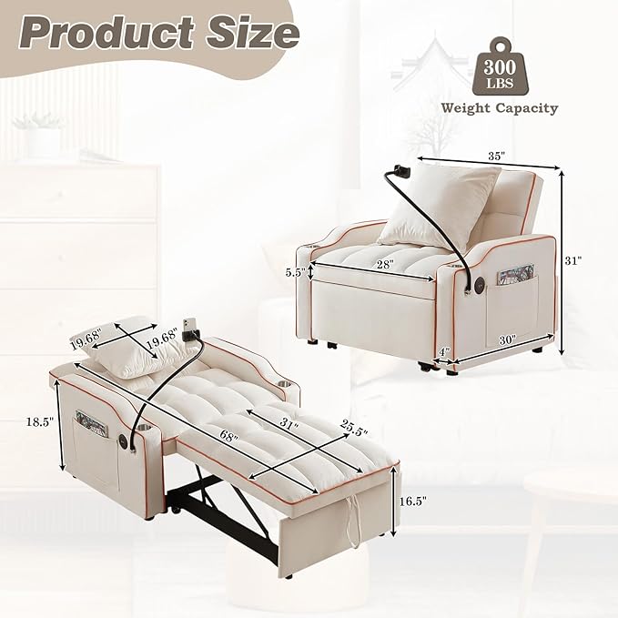 Convertible Sleeper Sofa Chair Bed 3 in 1 Velvet Single Small Futon Sofa Bed with Phone Holder &amp USB PortsPull Out Couch Recliner with Adjustable Backrest for Living Room Office Small Place(Be