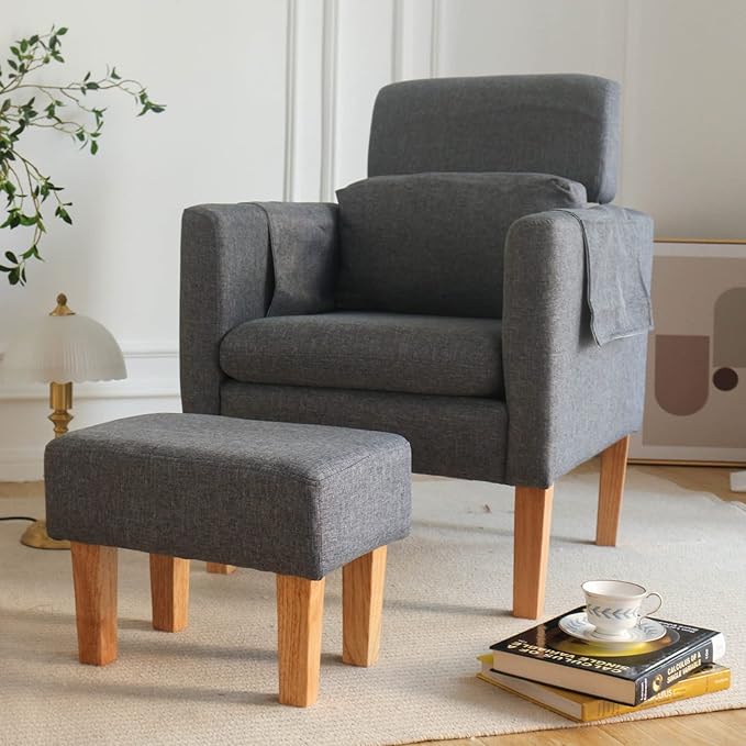 TAKUKA Modern Accent Chair with Ottoman SetComfy Fabric Armchair with Footrest Upholstered Chair with Side Pocket Soft Reading Lounge Chair for Living RoomBedroomOffice(Dark Grey)