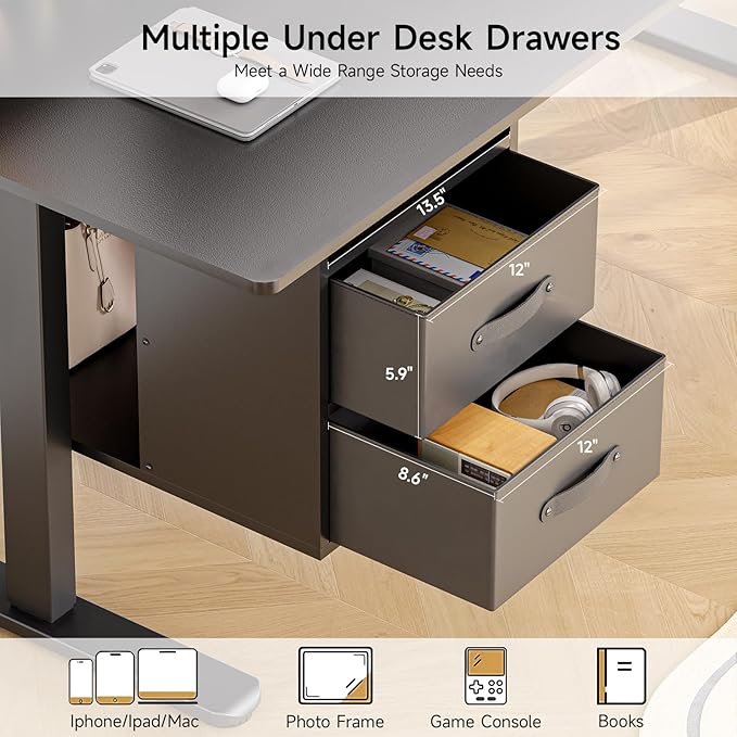 ONBRILL Standing Desk with Drawers 55x24 Inch Electric Stand Up Desk with 3 Drawers and Open Storage Shelf Adjustable Height 28-46 Inches for Home and Computer Workstation Black