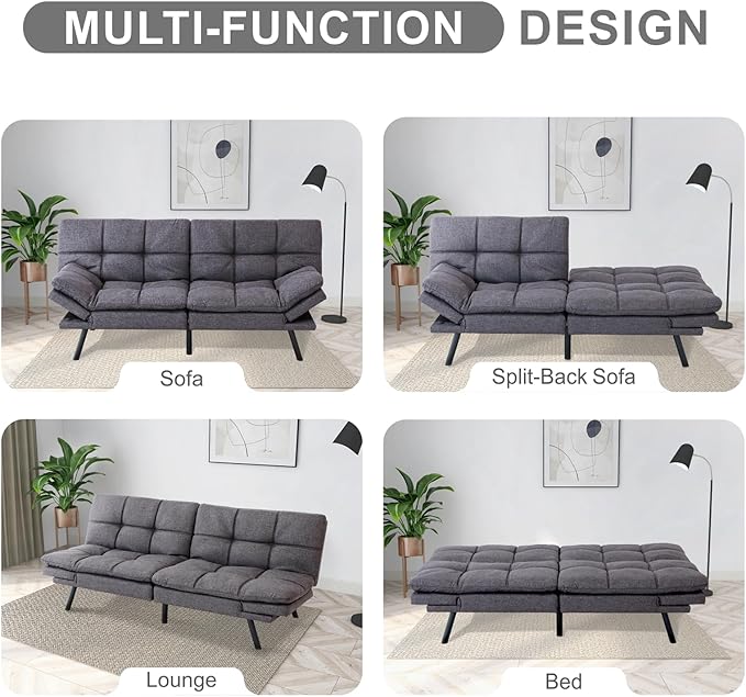 QAIIOO Futon Sofa Bed Memory Foam Sleeper Sofa Convertible Sofa Bed with Adjustable Armrests and Backrest Modern Futon Couch for Small Space Living Room Office Grey