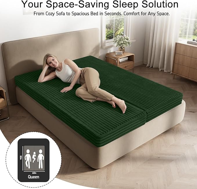 MeMoreCool Convertible Sofa Bed Folding Floor Couch Bed Queen Pull Out Sleeper Couch with Pillows Fold Out Futon Sofa for Bedroom Living Room Small Space Corduroy Green