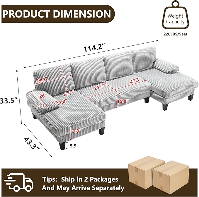 114.2 U-Shaped Sectional Sofa for Living Room Corduroy U-Shaped Couch with Double Chaises 4-Seater Comfy Cloud Sofa for Home Furniture Office &amp Small Space (Light Gray)