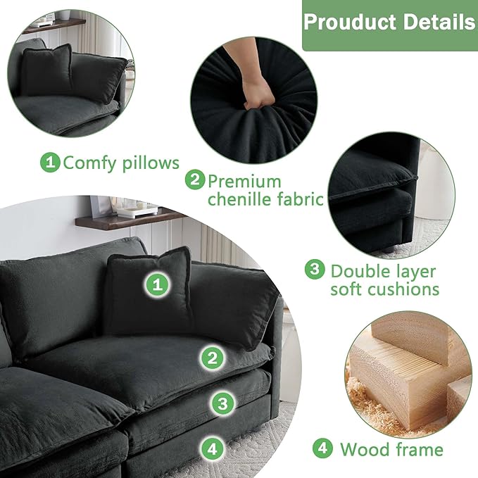 Spacious Modular Sectional Sofa with Movable Ottoman - Oversized 3-Seater Deep Seat Couch for Living Room Apartment - Flexible L-Shape Configuration for Family Gathering or Guest Bed (111.5 inch-L)
