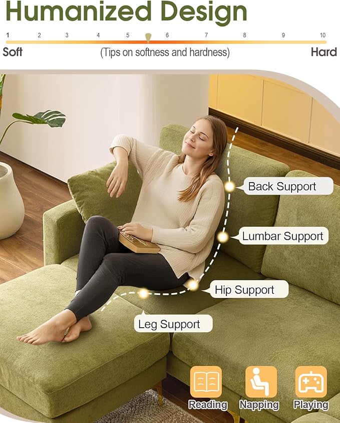 Karl home 99.6 Sectional Sofa U-Shaped Chenille Upholstered Couch with 2 Movable Ottomans 3-Seater Cloud Couches Comfy Deep Seat Sofa for Living Room Apartment Office Green