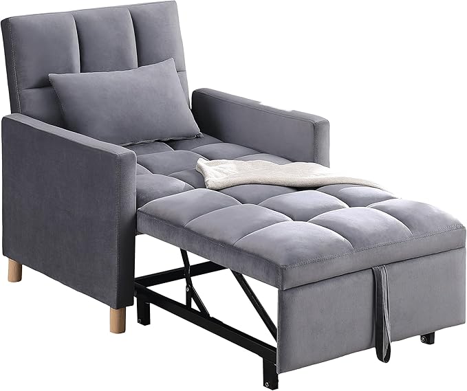 70'' Convertible Chair Bed Extra Long Teddy Fabric Single Pull Out Sofa 4 in 1 Adult Sleeping Recliner With Pillow Adjustable Backrest Gray