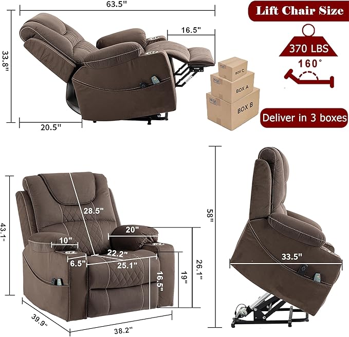 Large Power Lift Recliner Chair Sofa with Massage and Heat for Big and Tall ElderlyInfinite PositionsSingle MotorCup Holdersand USB PortsVelvet Home Theater Seat