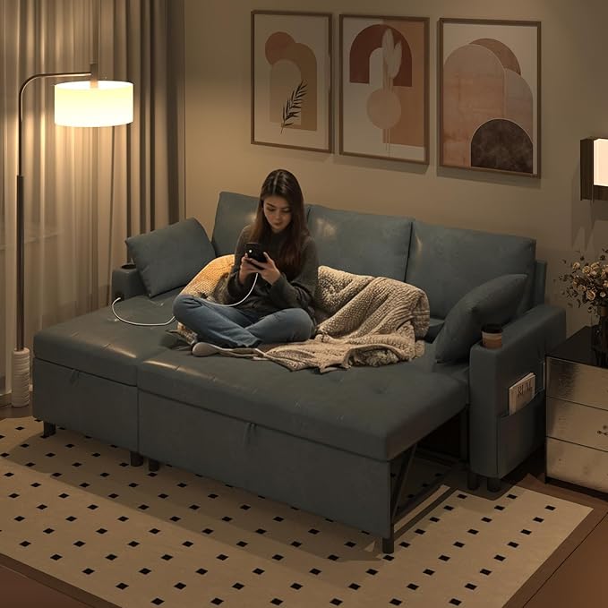 Leather Sleeper Sofa 83.5'' Sofa Bed with Storage Chaise Pull Out Couch with USB Cup Holders and Side Pockets L-Shaped Convertible Couches for Living Room-Faux Leather Blue