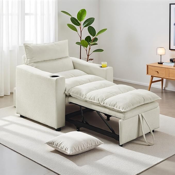 3-in-1 Convertible Sleeper Chair Pullout Sofa Bed with Cup Holders Lazy Sofa Bed with Adjustable Backrest Recliner Chair for Living Room Apartment Dorm or Office Beige