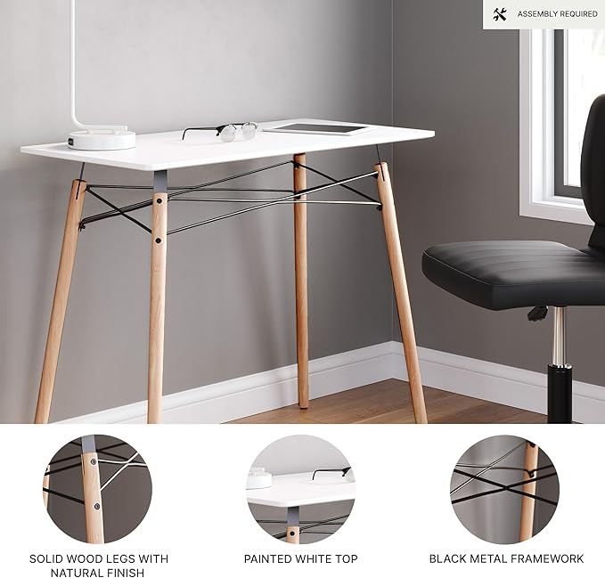 Signature Design by Ashley Jaspeni Industrial Home Office Desk Painted White Top Black Metal Framework Wood 36 W x 18 D x 29.75 H White &amp Light Brown