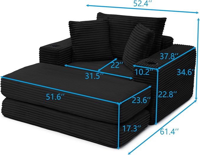 KEIKI 52.4 Oversized Boneless Chaise Lounge Chair with Ottoman Modular 3-in-1 Sofa Bed for Reading Sleeper Couch Chairs for Living Room Black