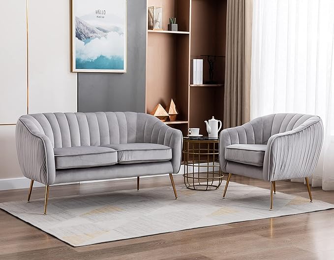 Artechworks Contemporary Tufted Velvet Tub Barrel Loveseat Sofa Chair Upholstered Couch with Golden Metal Legs Club Two-Seat Sofa for Living Reading Room Bedroom Apartment Small Space Dorm Grey