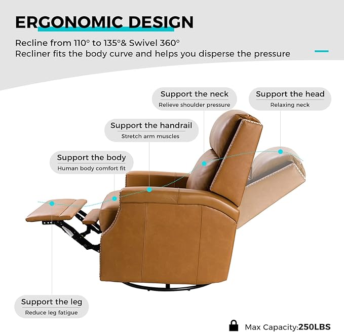 HULALA Home Genuine Leather Swivel Rocker Recliner Modern Manual Glider Recliner Chair with Adjustable Backrest &amp Footrest360 Degree Swivel Home Theater Sofa Armchair for Living Room Bedroom Ca