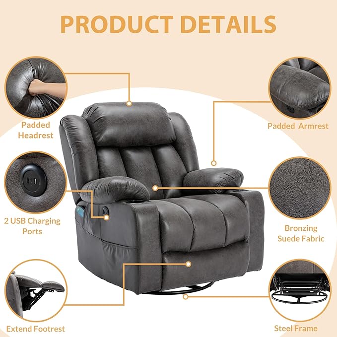 360° Swivel Glider Rocking Recliner Chair Overstuffed Manual Massage Recliner with Heat and Vibration Single Modern Sofa Home Theater Seating for Living Room USB Ports/Cup Holders (Grey)