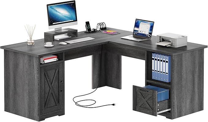 YITAHOME L Shaped Desk with Power Outlets 60 Inch Computer Desk Corner Desk with File Drawer Home Office Desk with Monitor Stand &amp Storage Shelves L-Shaped Desk with File Cabinet Grey