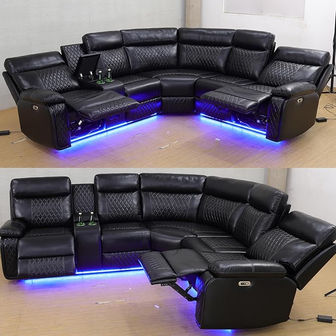Power Recliner Sectional Couch for Living RoomLeather Reclining Sectional Sofa with LED Lights L Shpaed Corner Leather Couch with Storage Console&ampCup Holders&ampUSB ChargingBlack