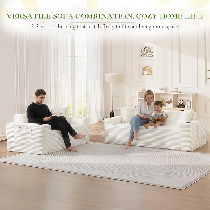 2 Piece Boneless Corduroy Sofa Set 61-Inch Loveseat Sofa and 80.7-Inch 3-Seater Sofa with Cup Holder Modern Comfy Cloud Deep Seat Couch Set for Living Room Bedroom No Assembly White
