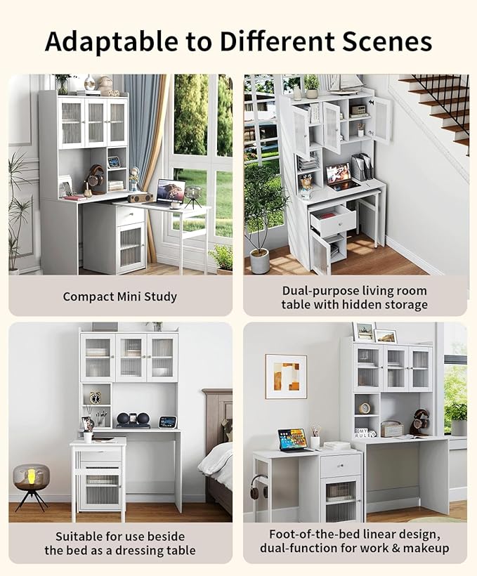 Home Office Computer Desk with 90 Degree Rotating Retractable Desktop L Shaped Corner Executive Desk with Bookshelf | Hutch | Drawer | Storage Shelves Wood Table for Work Study Writing White