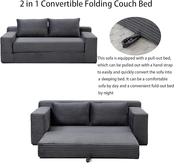 73 Memory Foam Cloud Loveseat Sofa 2 in 1 Convertible Folding Couch Bed Compressed Corduroy Floor Lounge Sofa No Assembly for Apartment Office Bedroom Living Room (Grey)