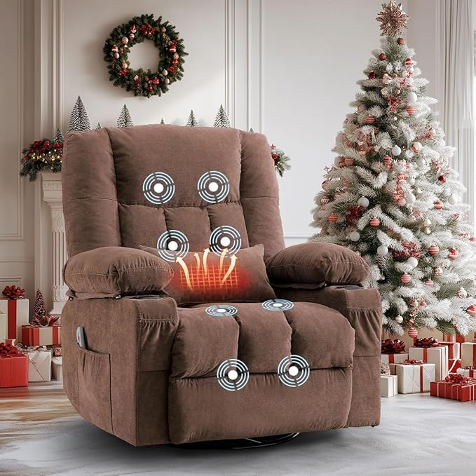 Swivel Recliner Chair for AdultsRocker Recliner with Vibration Massage and Lumbar HeatErgonomic Rocking Chair with Side Pocket2 Cup Holders for Living Room