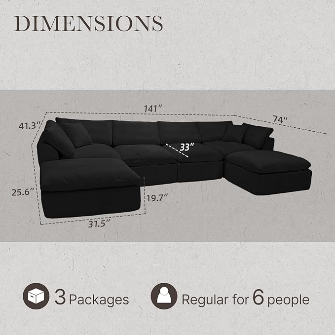 Cloud Modular Sectional Sofa Couch141” U-Shape Sofa with Wide Armrest Modern High-Density Sponge Compressed Couch for Living Room BedroomNo Assembly Needed (Black 4 Seats+ 2 Ottoman)