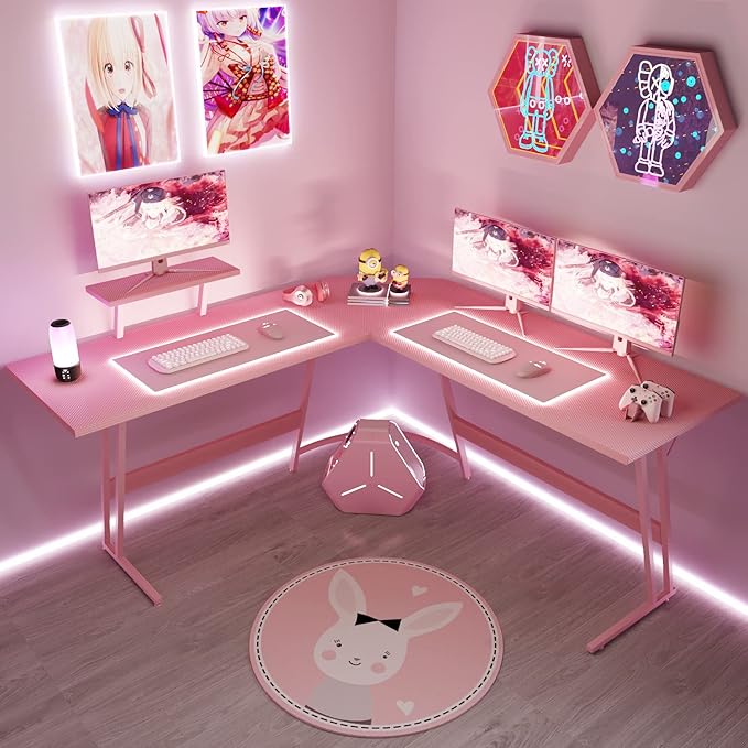 Homall Pink L Shaped Gaming Desk Computer Corner PC Desk Table with Large Monitor Stand for Home Office Studying Writing Workstation Gift for Girls and Women (Pink 57 Inch)