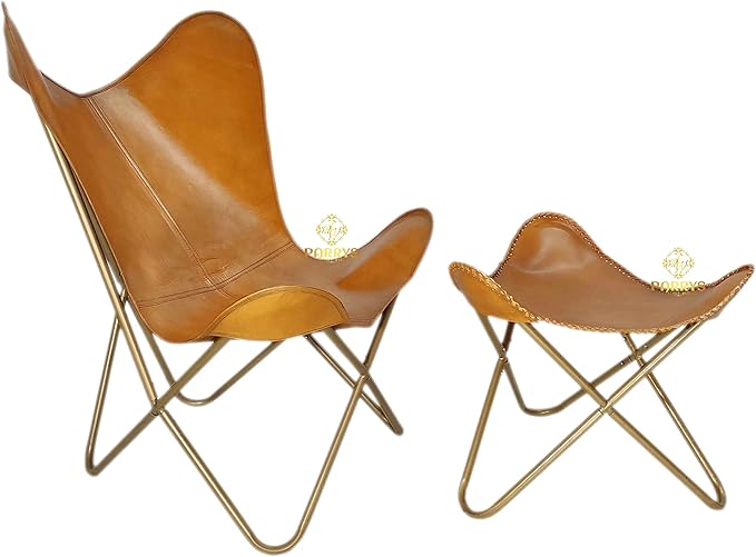 Handmade Brown Leather Butterfly Chair with Ottoman - Powder Coated Iron Frame Foldable Chiar Stool for Outdoor Indoor