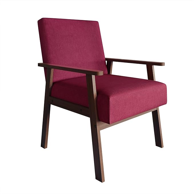 Mid-Century Modern Accent Chair Linen Upholstery Wooden Armrests Cushioned Seat Easy Assembly Pink