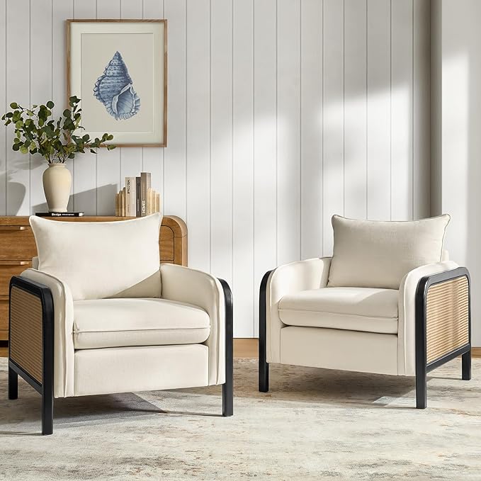 HULALA HOME Woven Rattan Armchair Modern Accent Chair with Wood Armrest and Legs for Living Room Bedroom Makeup Room Detachable Cushion &amp Upholstered Set of 2 Natural