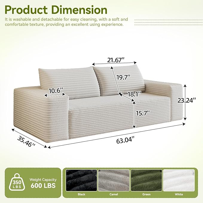 Boneless Cloud Loveseat Couch No Assembly Required Sofa in a Box 63/71 2 Seater Corduroy Compression Couch for Living Room Bedroom Apartment (White 63) | Comfortable