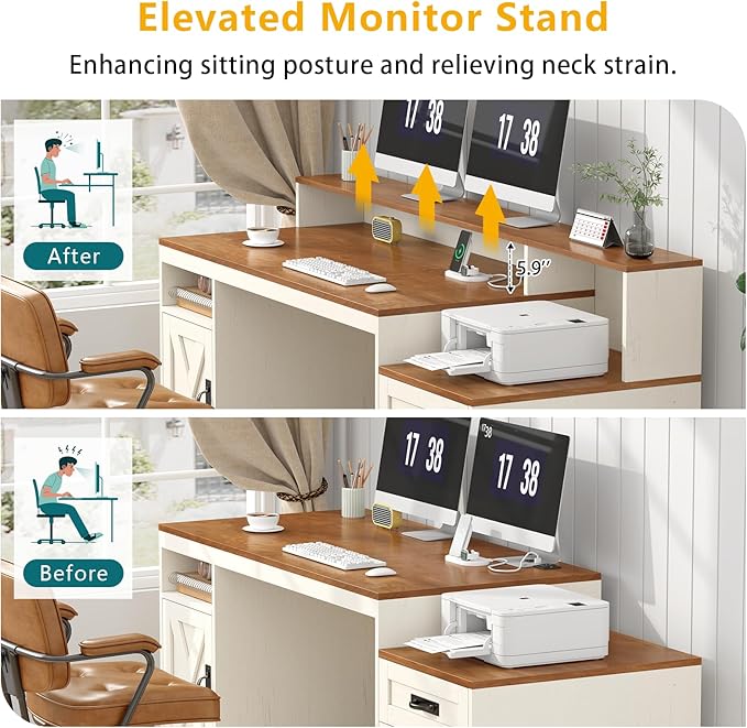 TVU Farmhouse Computer Desk with Drawers 65'' Home Office Desk with Power Outlets Storage Cabinet and Printer Stand Study Writing Desks with Long Monitor Stand Brown and White