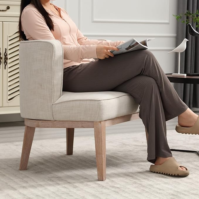 Set of 2 Arm Accent Chair Barrel Accent Chair with Wood Legs Comfy Barrel Side Chair Linen Upholstered Reading Chairs with Back for Living Room Bedroom Living Room Chair Beige