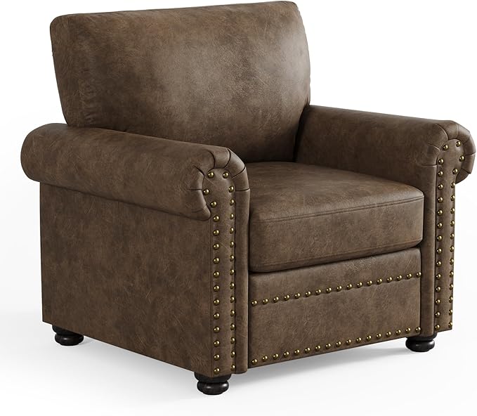 ONBRILL Nailhead Trim Accent Chair Faux Leather Club Chair for Living Room Comfy Armchair with Springs Cushions &amp Solid Wood Legs Traditional Rolled Arms Single Sofa for Bedroom Apartment Bro